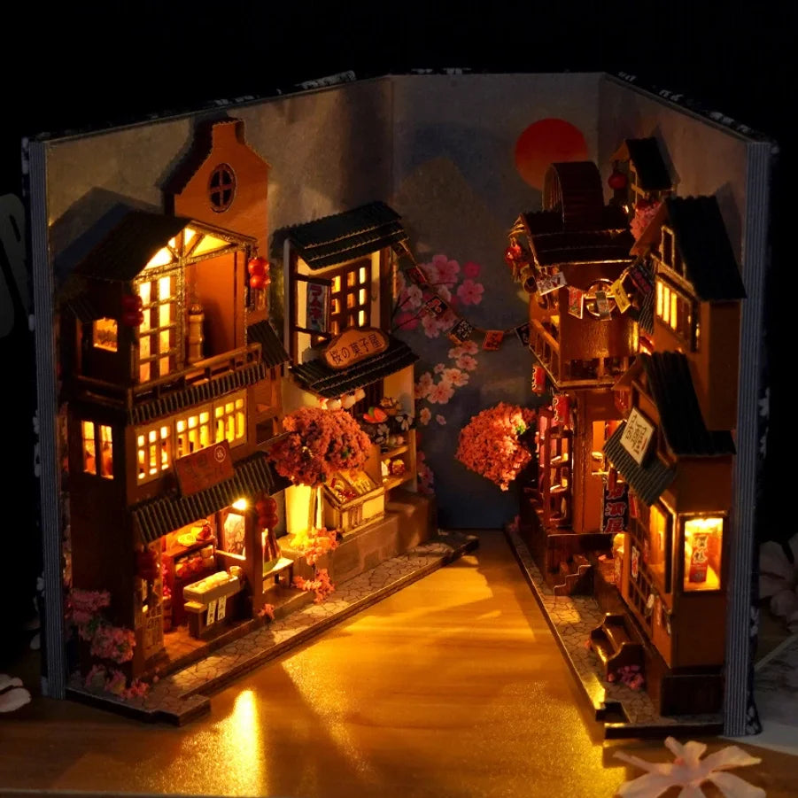 Japanese Retro DIY Wooden Book Nook Shelf Insert Miniature Building Kits Sakura Alley Home Bookend Decor Adult Handmade Gifts