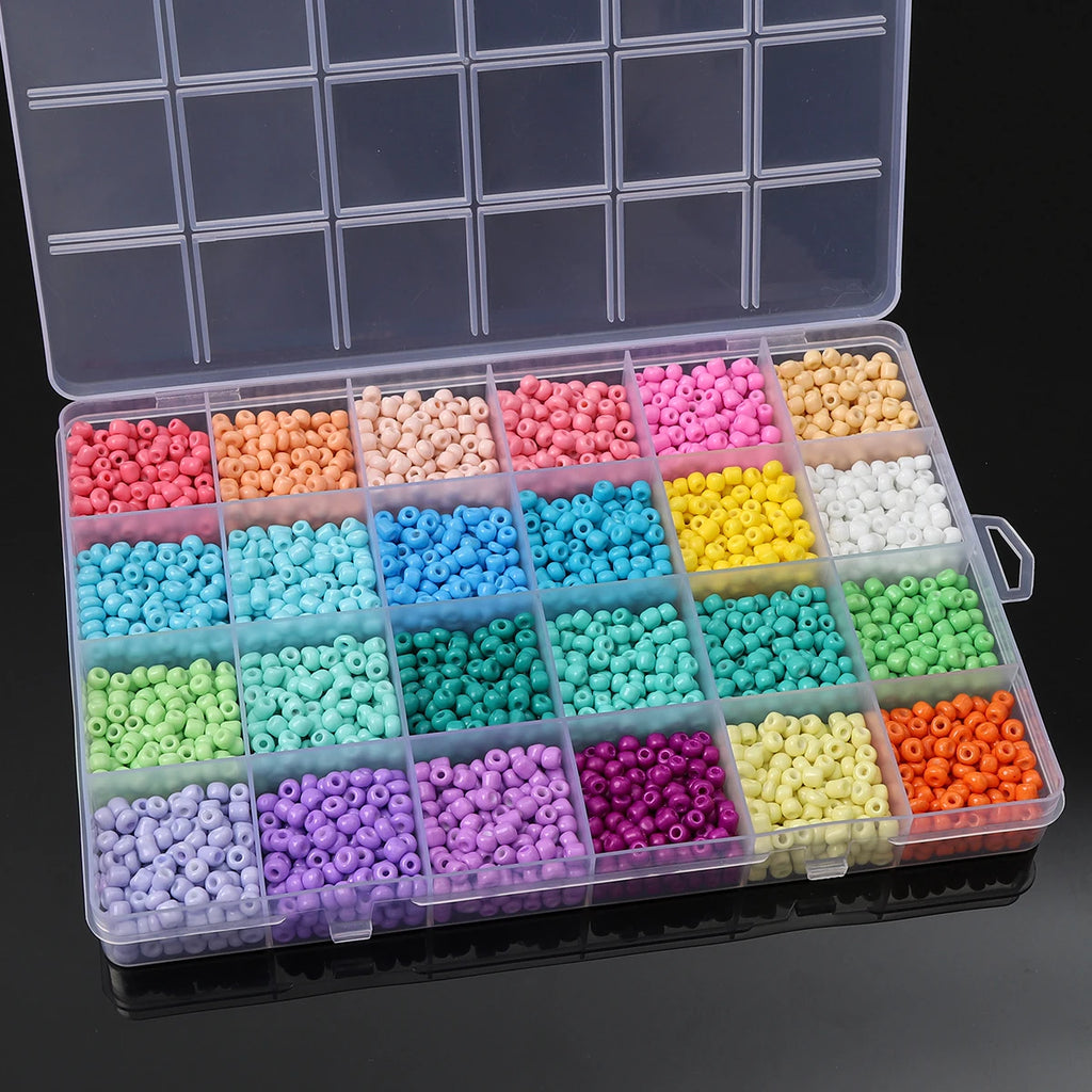 3mm (12000pcs) & 4mm (3600pcs) Solid Color Glass Rice Beads - 24 Grids DIY Jewelry Kit for Bracelets, Necklaces & Earrings