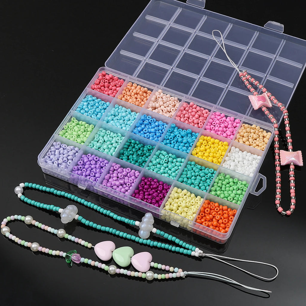 3mm (12000pcs) & 4mm (3600pcs) Solid Color Glass Rice Beads - 24 Grids DIY Jewelry Kit for Bracelets, Necklaces & Earrings