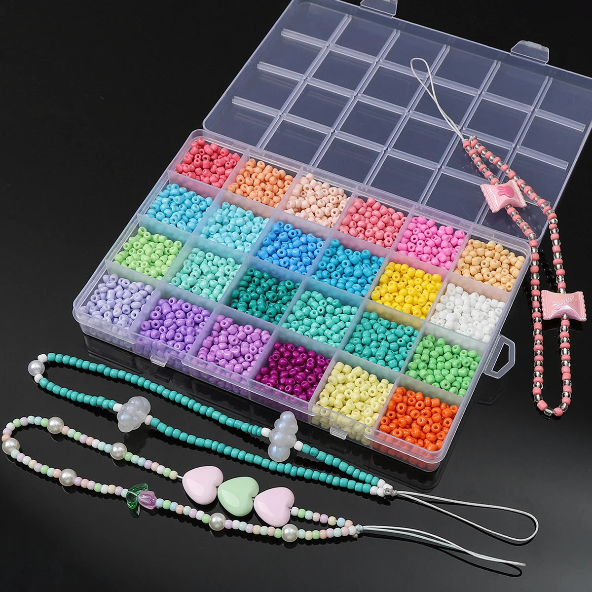 3mm (12000pcs) & 4mm (3600pcs) Solid Color Glass Rice Beads - 24 Grids DIY Jewelry Kit for Bracelets, Necklaces & Earrings