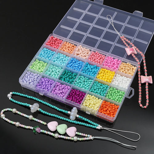 3mm (12000pcs) & 4mm (3600pcs) Solid Color Glass Rice Beads - 24 Grids DIY Jewelry Kit for Bracelets, Necklaces & Earrings