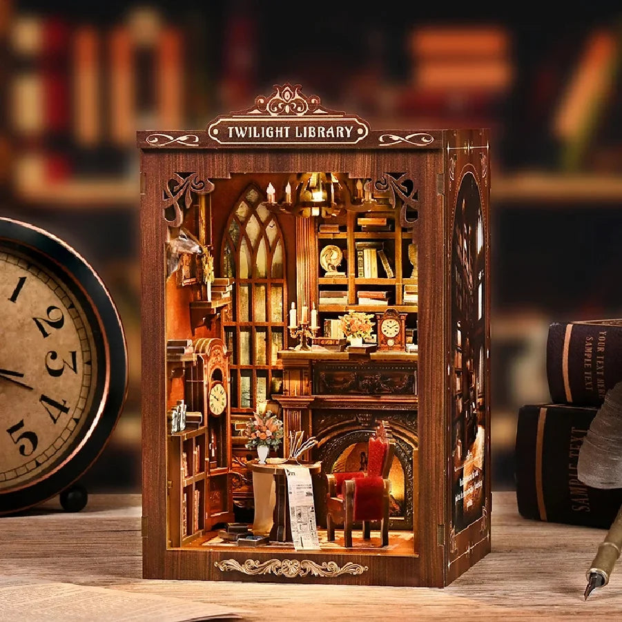 DIY Book Nook Kit - TWILIGHT LIBRARY Wooden Bookend, 3D Puzzle Assembly, Handmade Model for Christmas & Black Friday Gifts