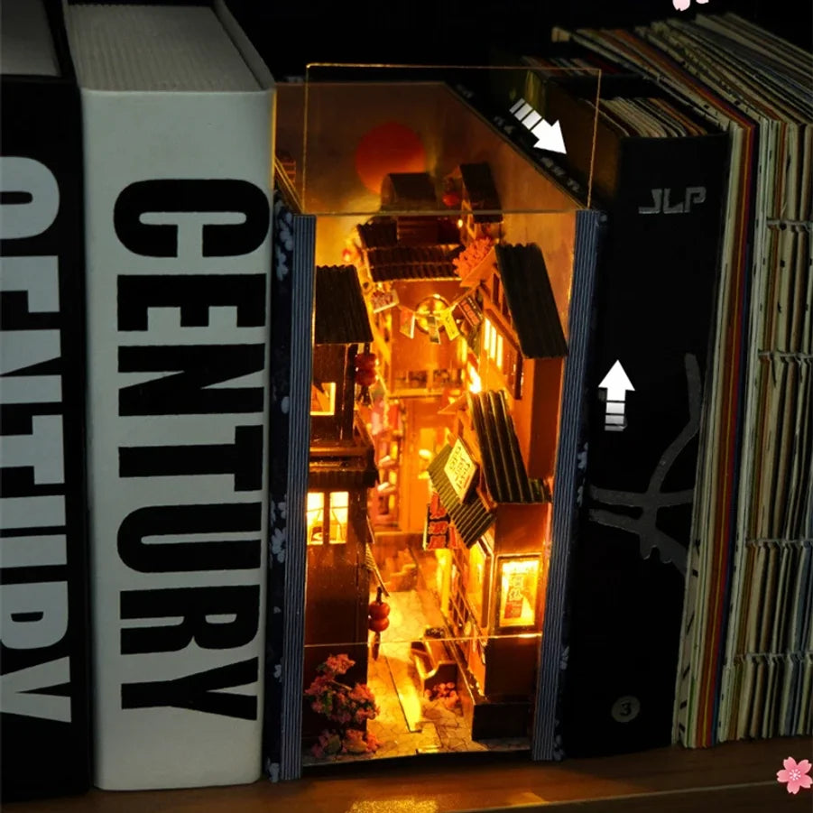 Japanese Retro DIY Wooden Book Nook Shelf Insert Miniature Building Kits Sakura Alley Home Bookend Decor Adult Handmade Gifts